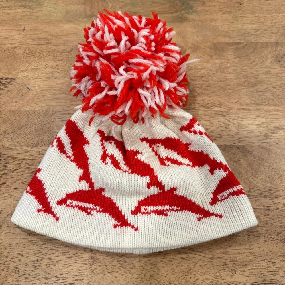 Deep Powder Design Dolphin Knit Beanie Hat Pom Pom Red White Wool Outdoor Ski